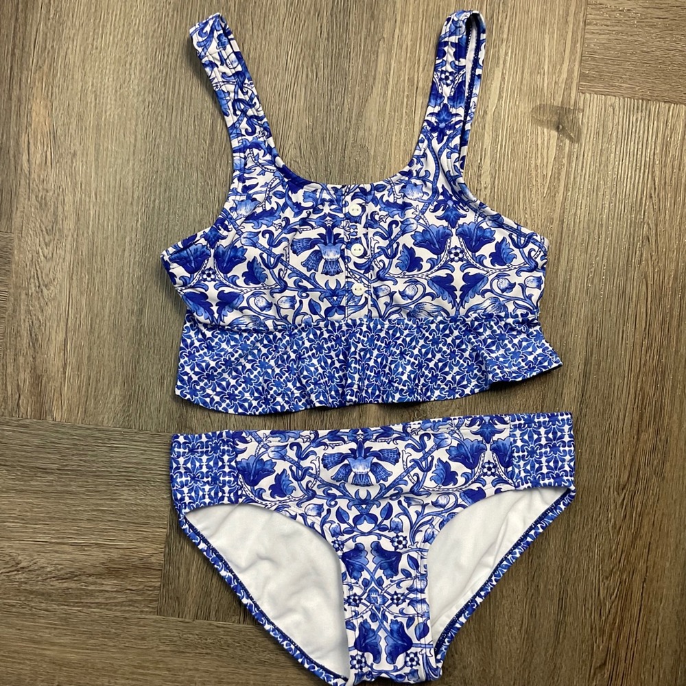 GB Girls Swimsuit Kids 12‎ Blue White Italian Tile Print Two Piece Tankini Set